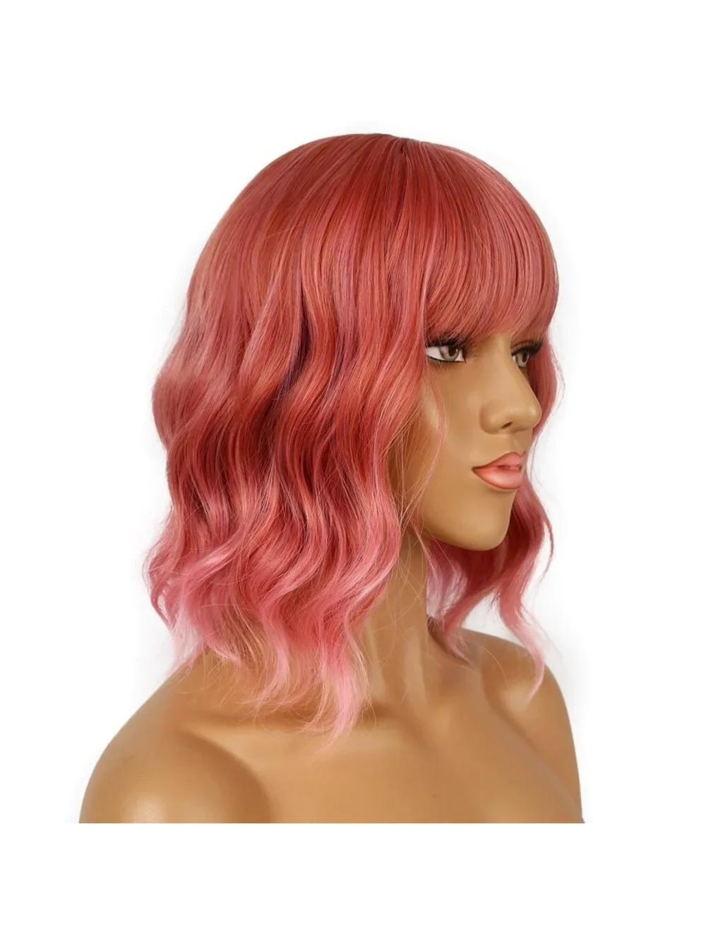 Women's Dark Pastel Pink Shoulder Length Synthetic Loose Wavy Short Bob Wig Bang